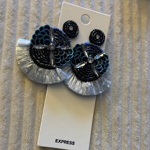 Express Teal, Black & Silver Beaded Fan Earrings